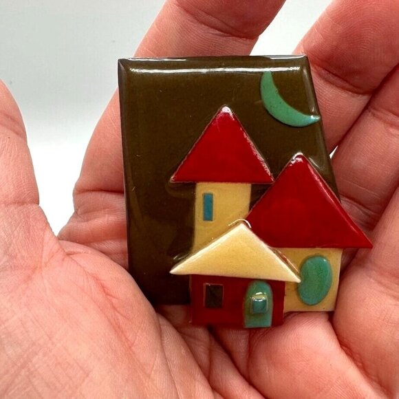 House Pins by Lucinda Mixed Media Resin 2" Pin Brown Red Blue Houses Green Moon - Picture 1 of 7